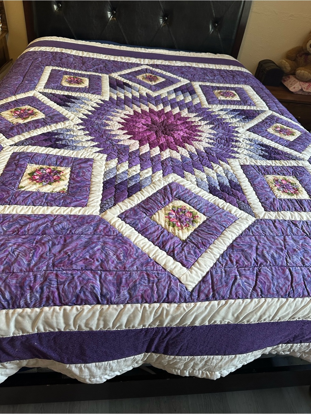 Handmade Purple Starburst Quilted Bedspread Patchwork Quilt Dahalia Star